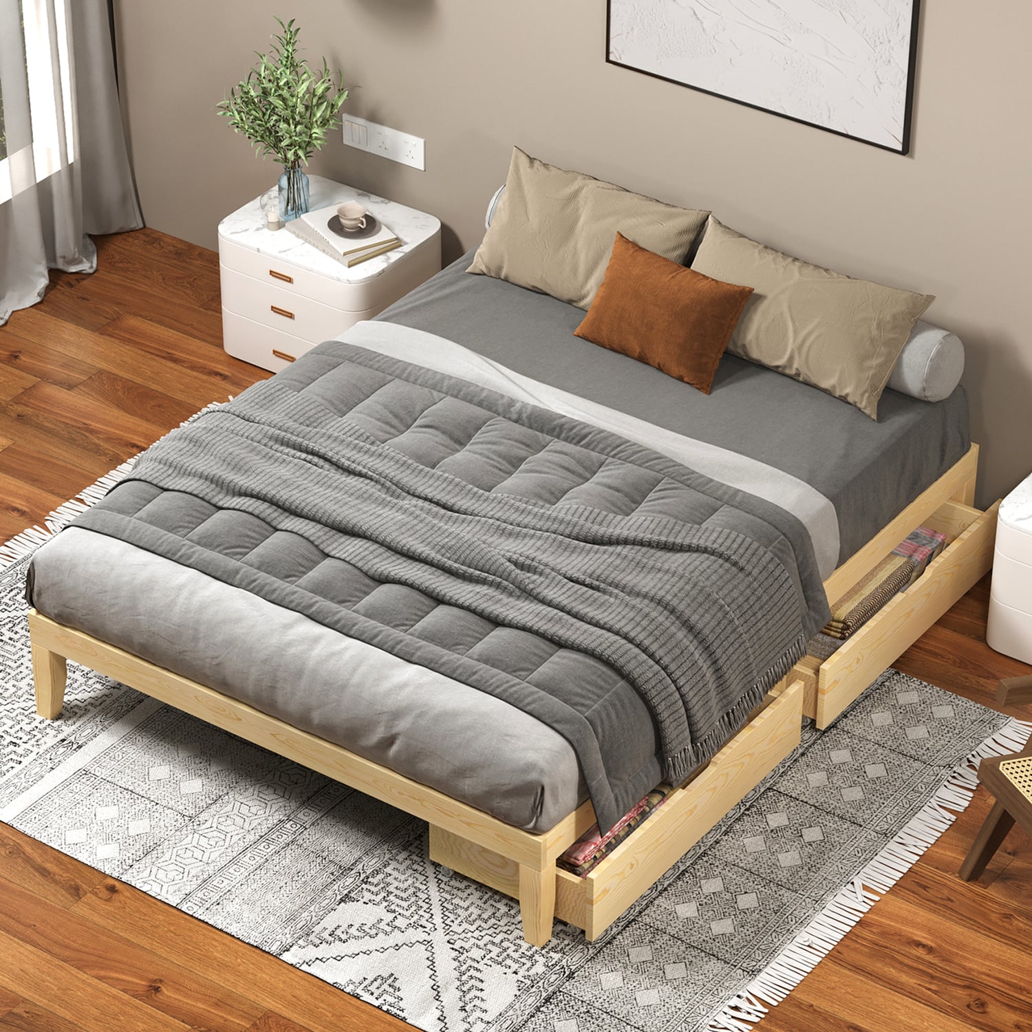 Kiri Pine Wood Bed Base with Underbed Storage