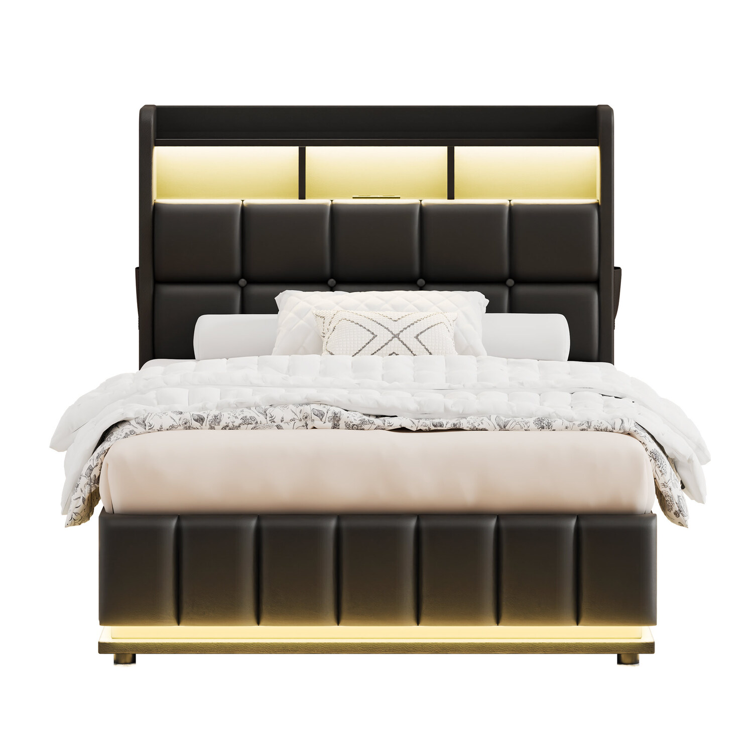 Black Michel Faux Leather Gas Lift Storage Bed Frame with LED