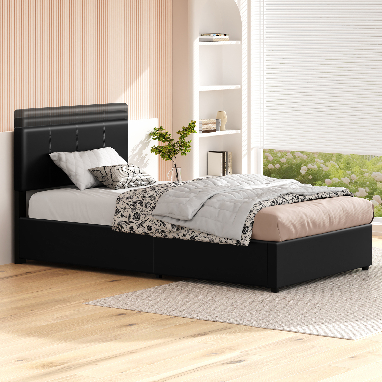 Black Hudson Faux Leather Gas Lift Storage Bed