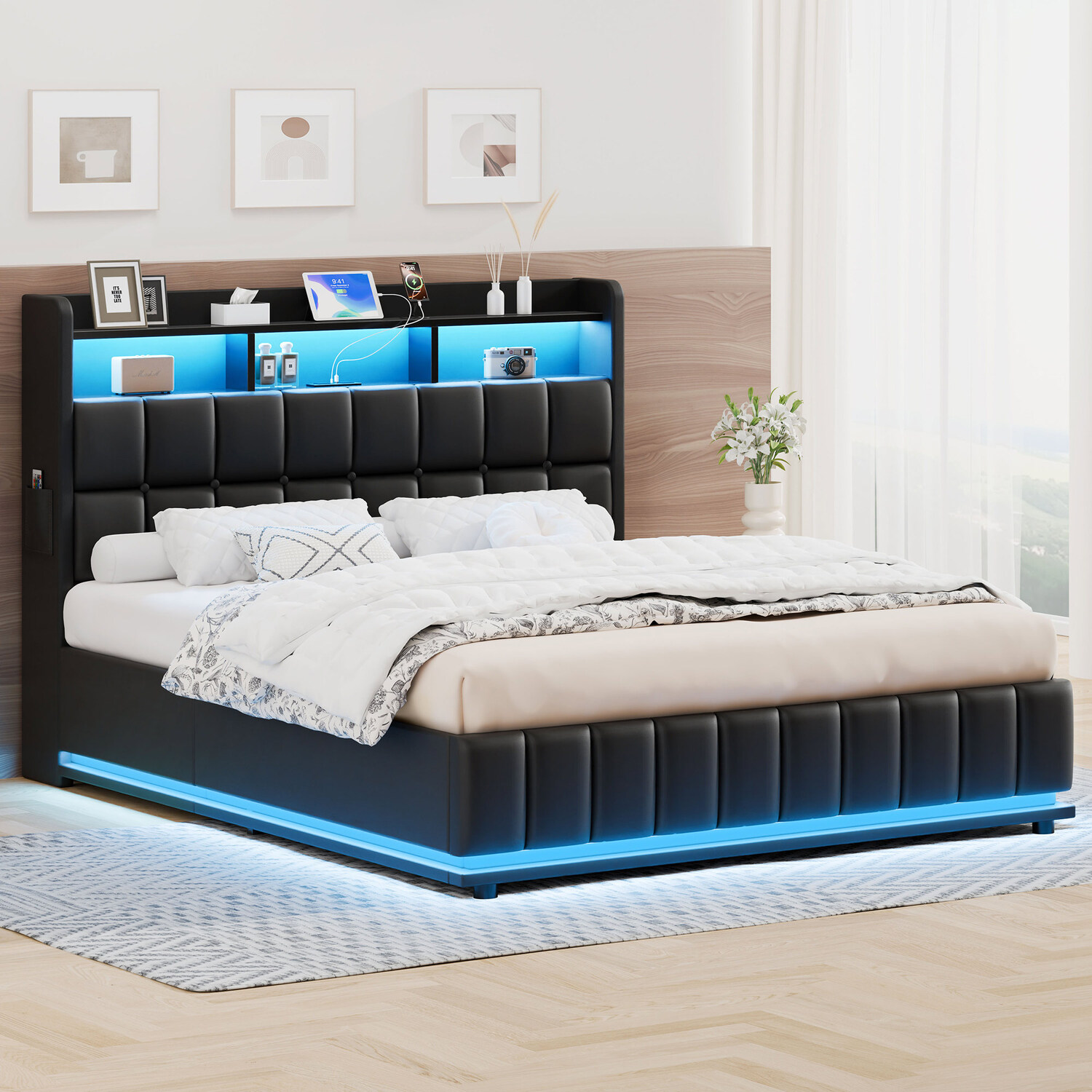 Black Michel Faux Leather Gas Lift Storage Bed Frame with LED