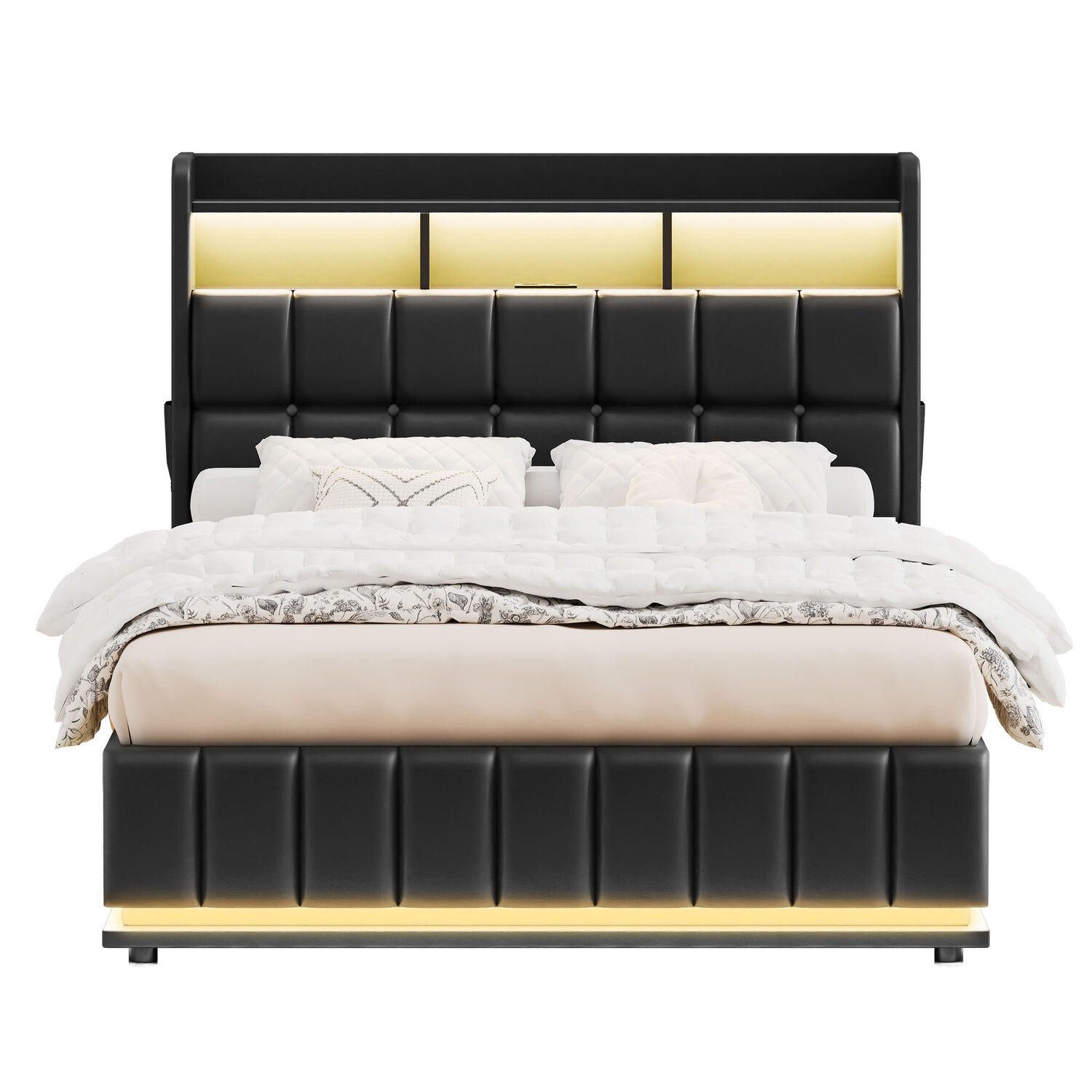 Black Michel Faux Leather Gas Lift Storage Bed Frame with LED