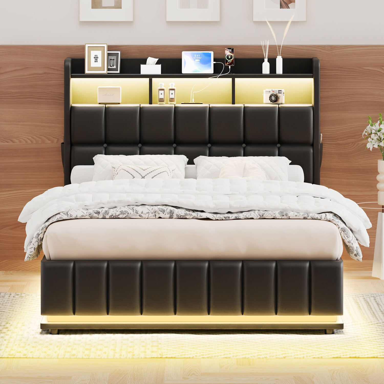 Black Michel Faux Leather Gas Lift Storage Bed Frame with LED