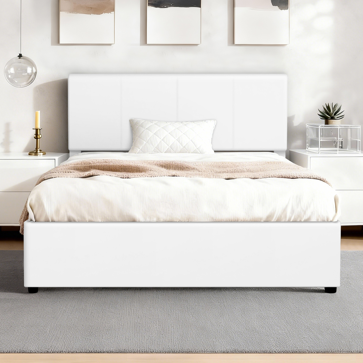 White Hudson Faux Leather Gas Lift Storage Bed