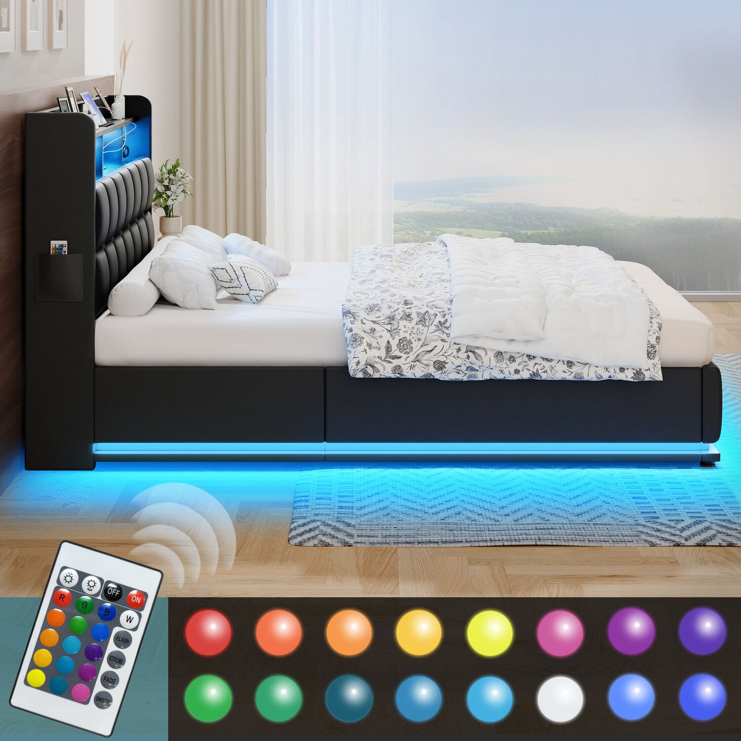 Black Michel Faux Leather Gas Lift Storage Bed Frame with LED