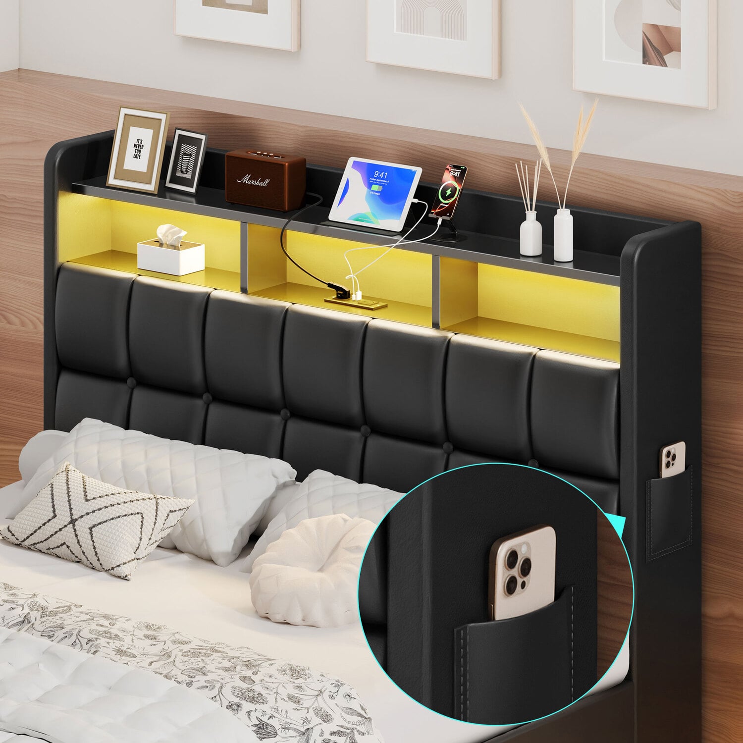 Black Michel Faux Leather Gas Lift Storage Bed Frame with LED
