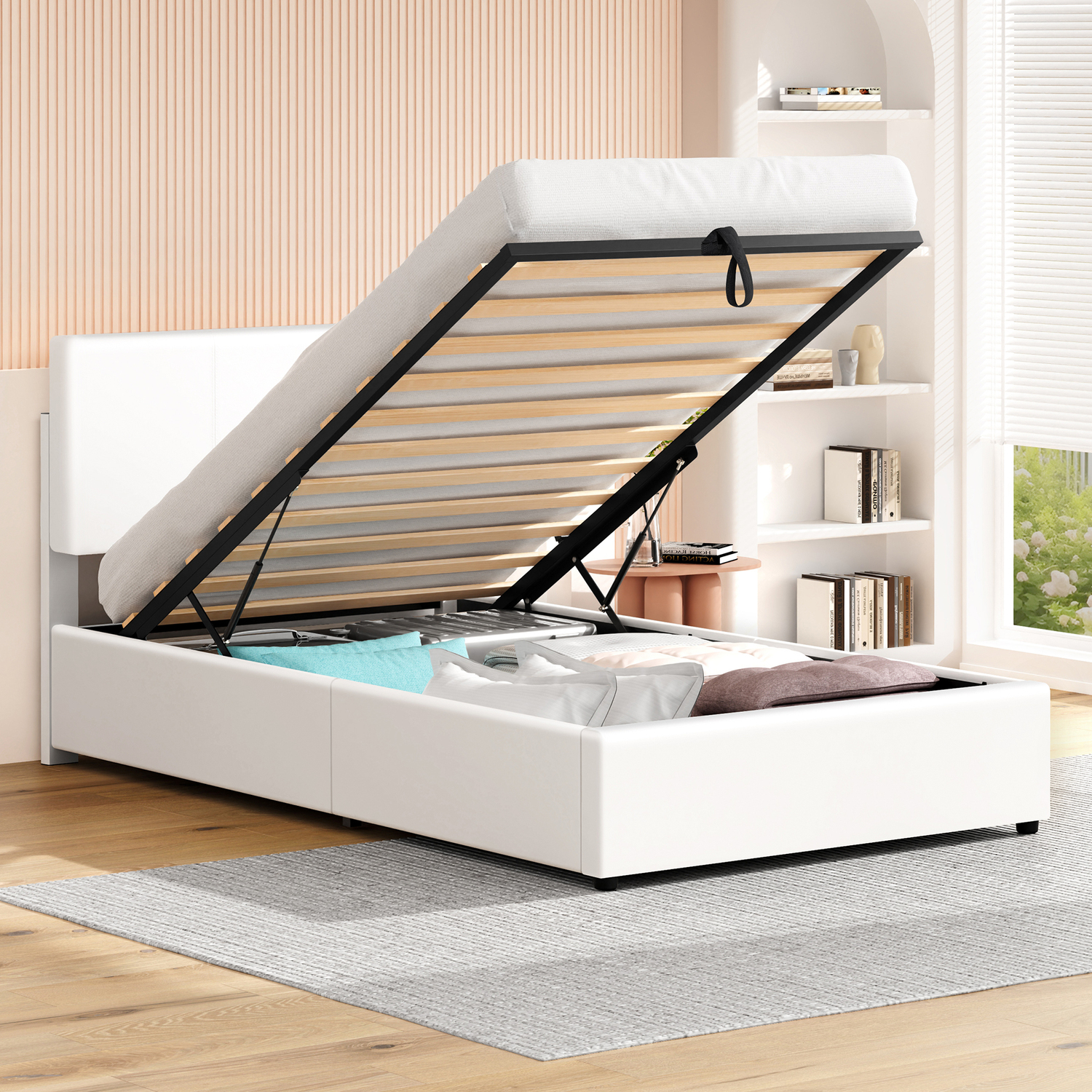 White Hudson Faux Leather Gas Lift Storage Bed
