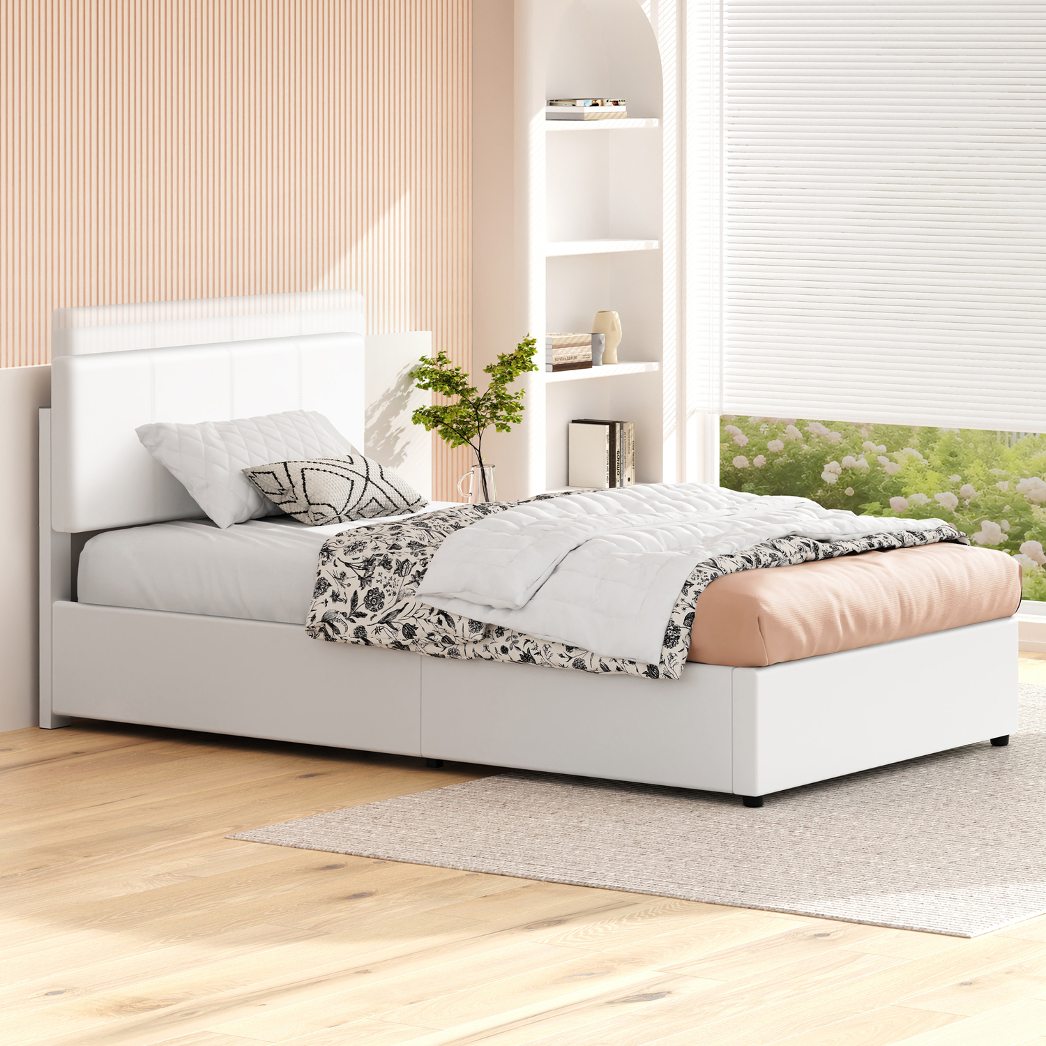 White Hudson Faux Leather Gas Lift Storage Bed
