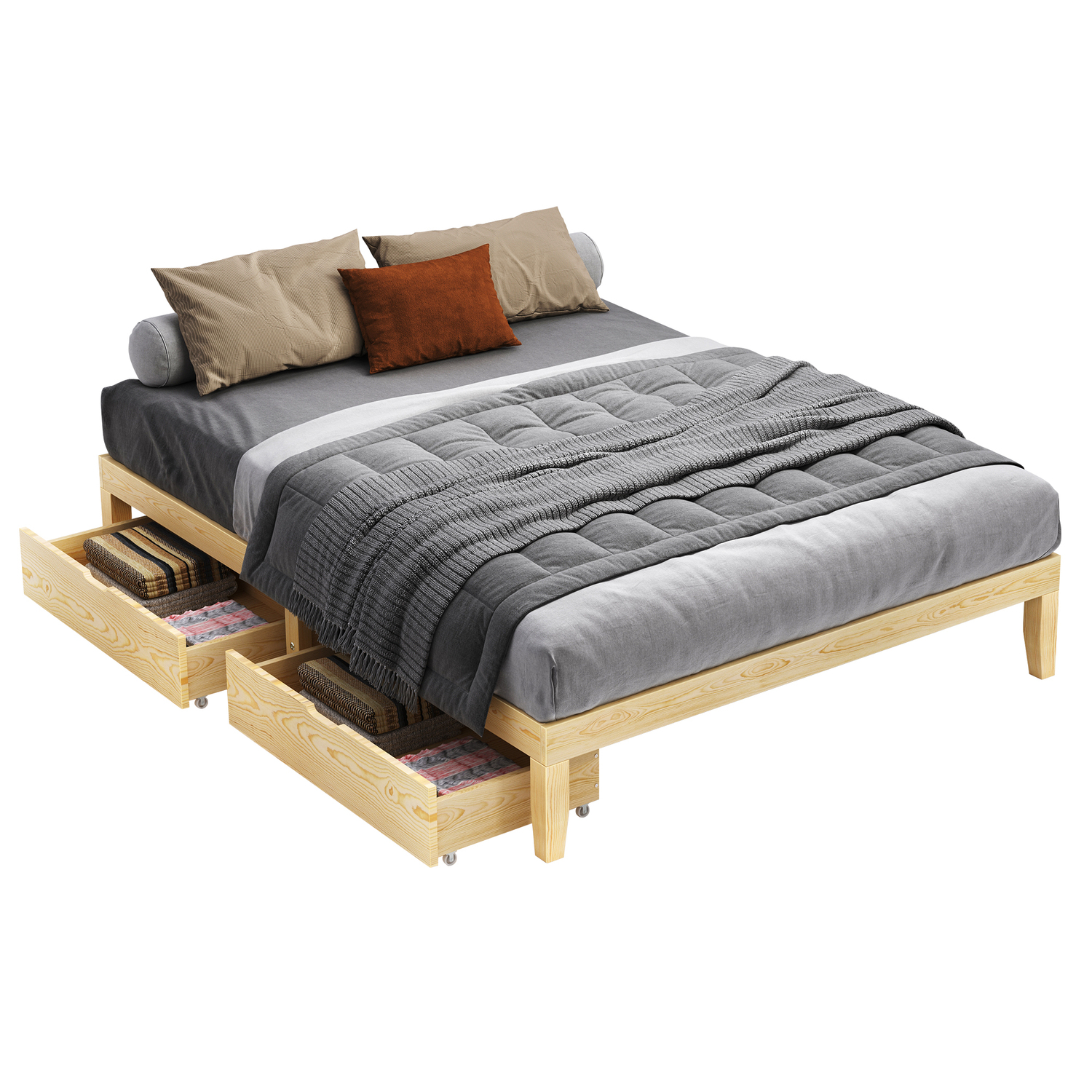 Kiri Pine Wood Bed Base with Underbed Storage