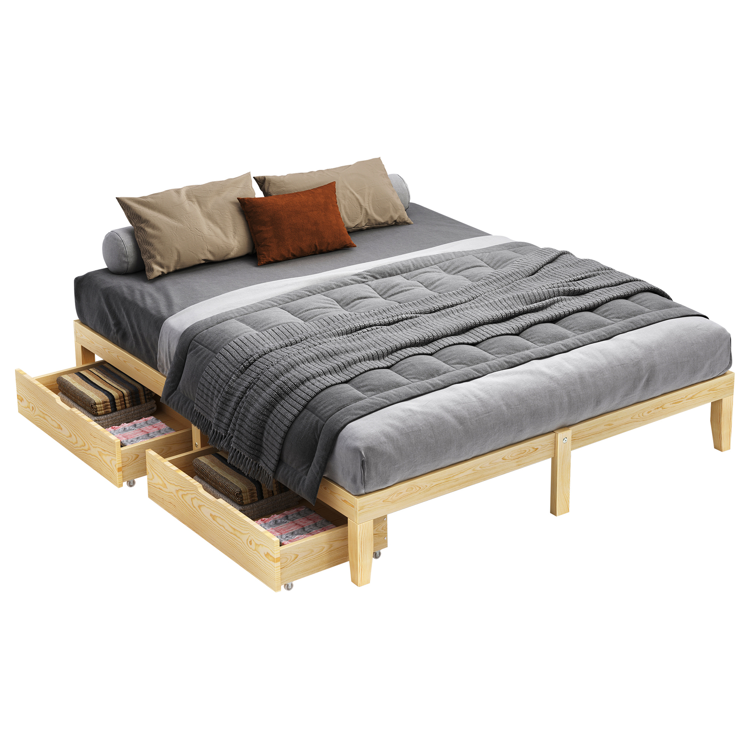 Kiri Pine Wood Bed Base with Underbed Storage