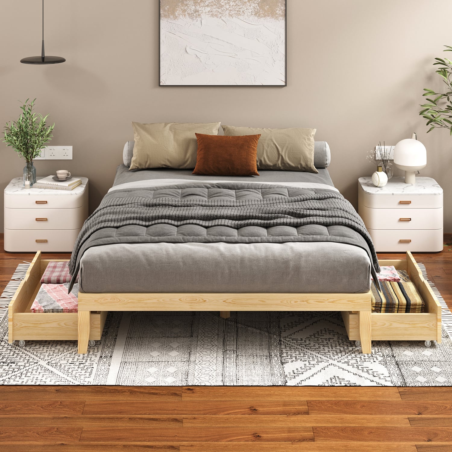 Kiri Pine Wood Bed Base with Underbed Storage