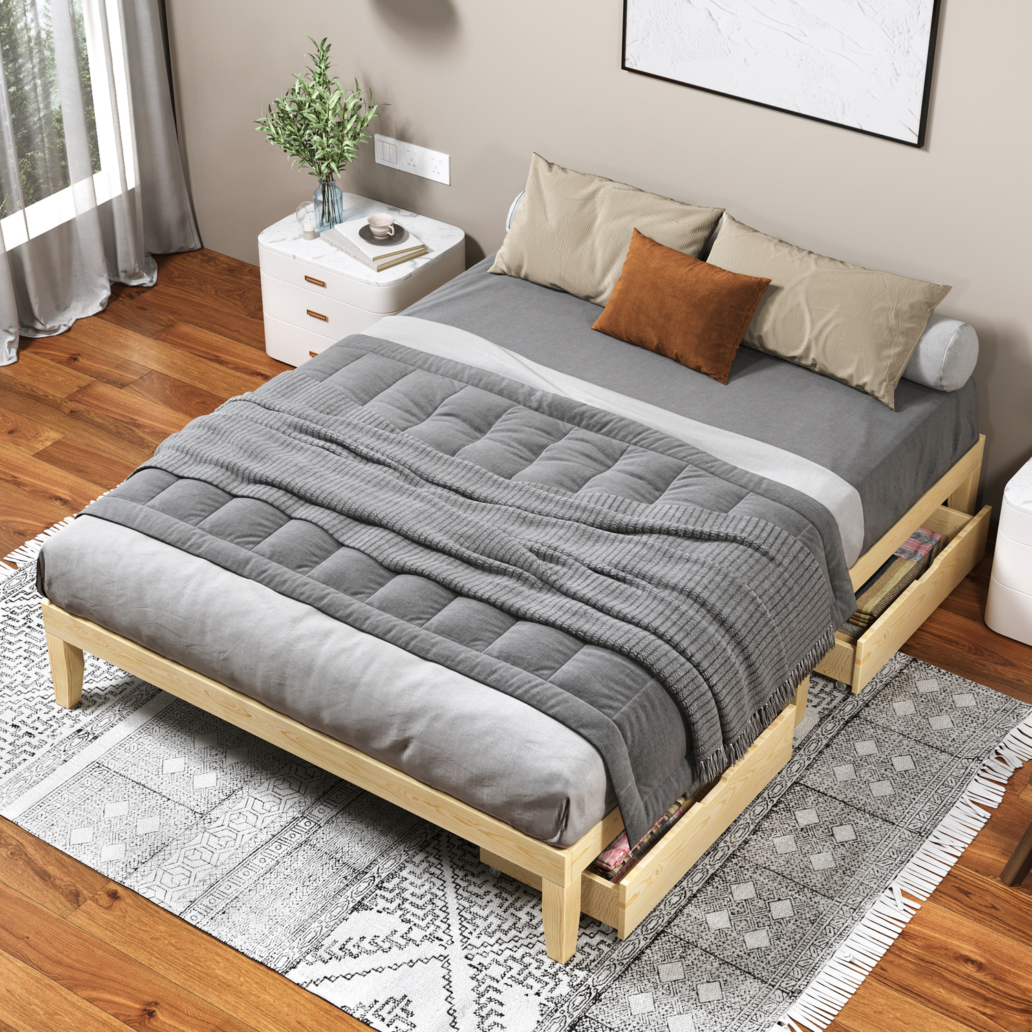 Kiri Pine Wood Bed Base with Underbed Storage