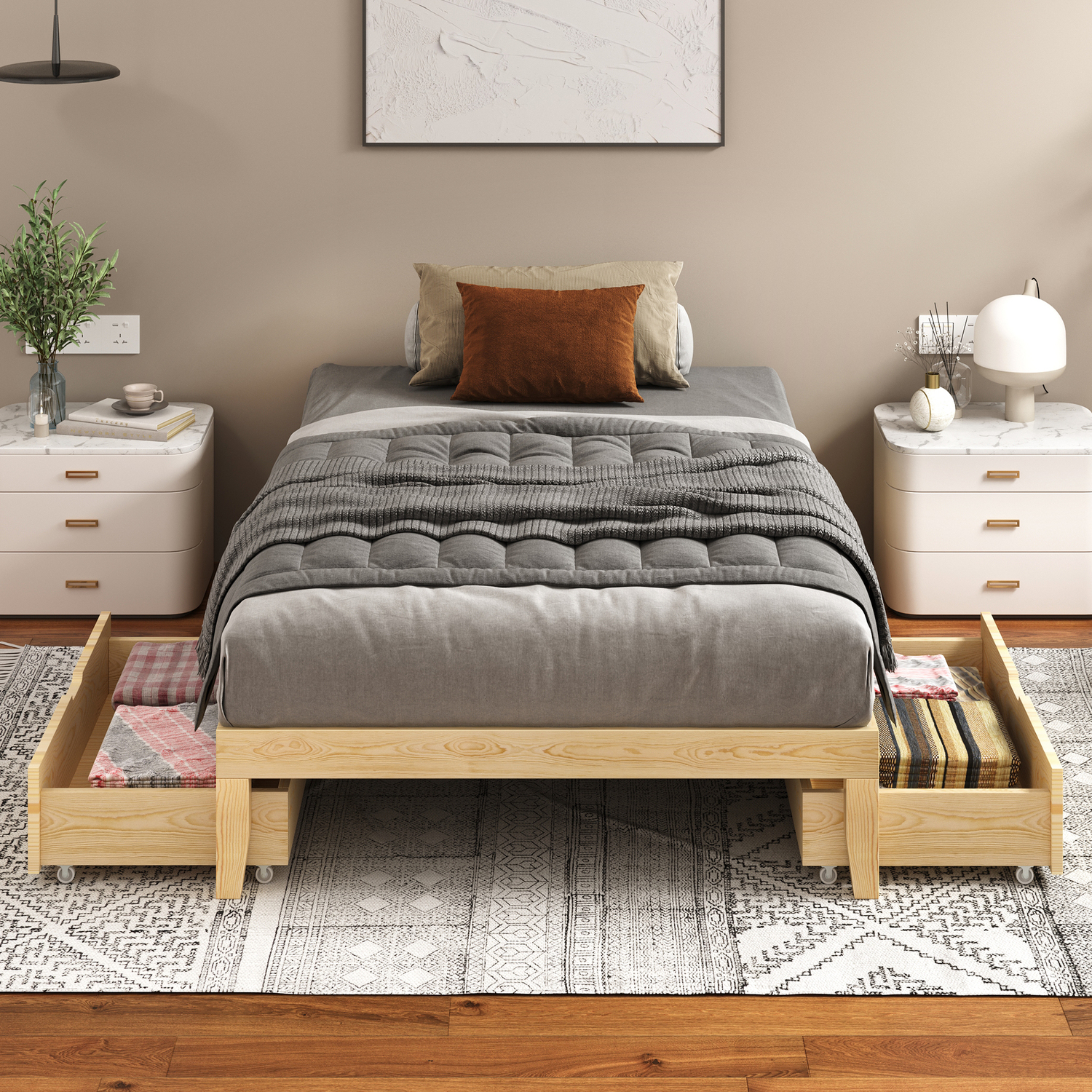 Kiri Pine Wood Bed Base with Underbed Storage