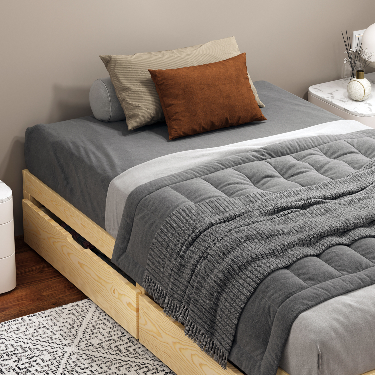 Kiri Pine Wood Bed Base with Underbed Storage