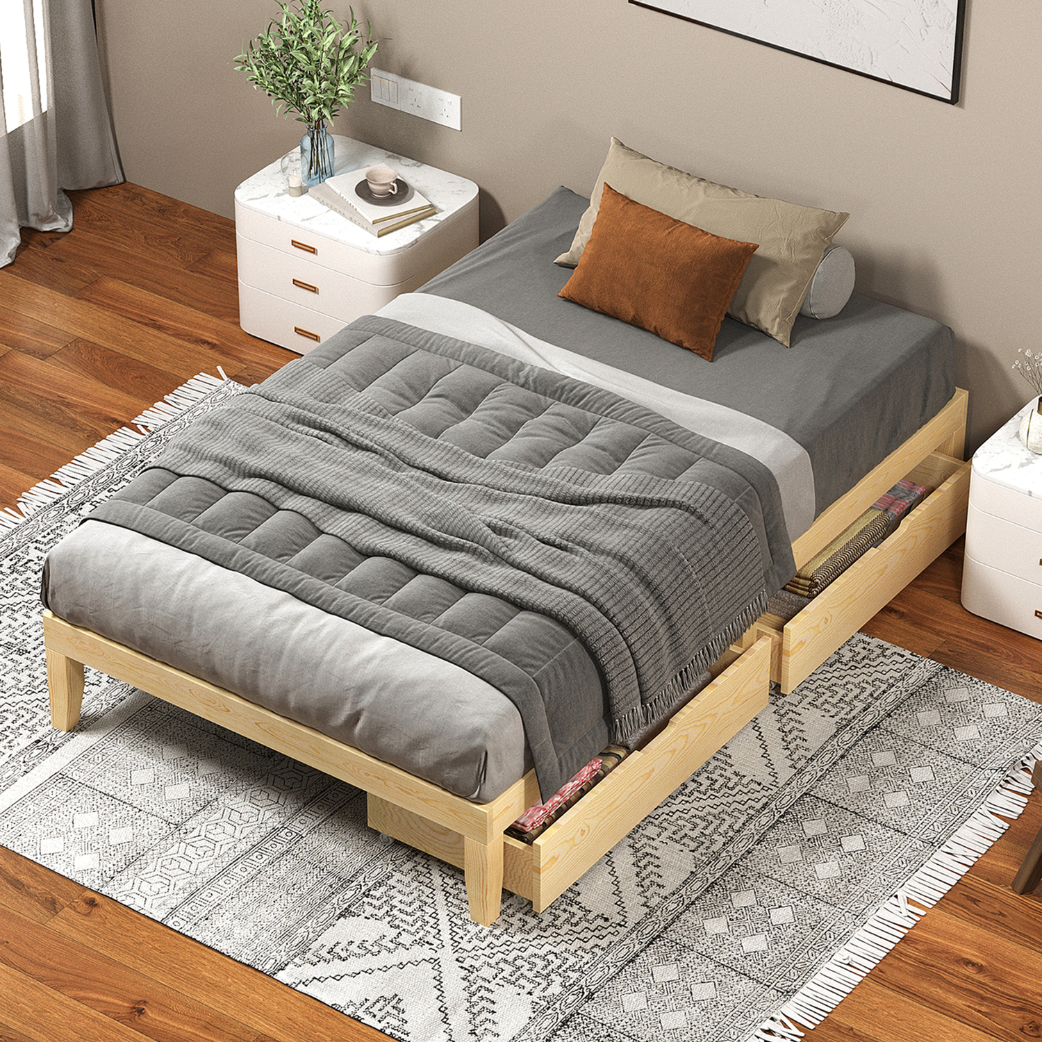 Kiri Pine Wood Bed Base with Underbed Storage