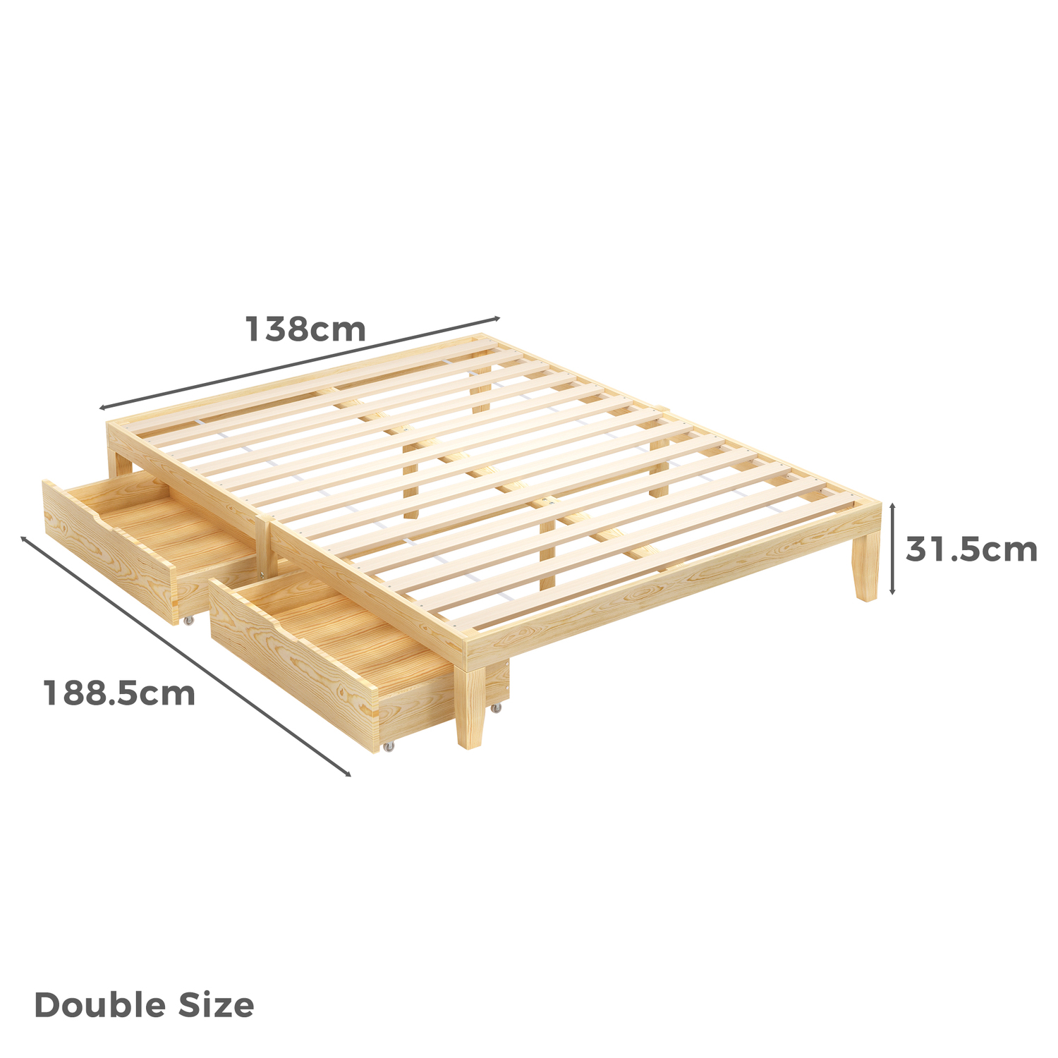 Kiri Pine Wood Bed Base with Underbed Storage