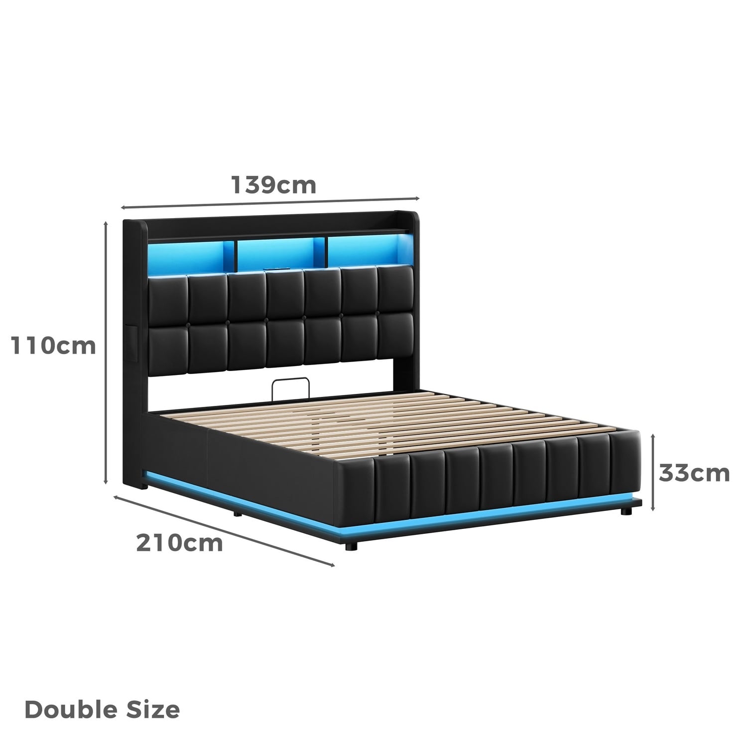Black Michel Faux Leather Gas Lift Storage Bed Frame with LED