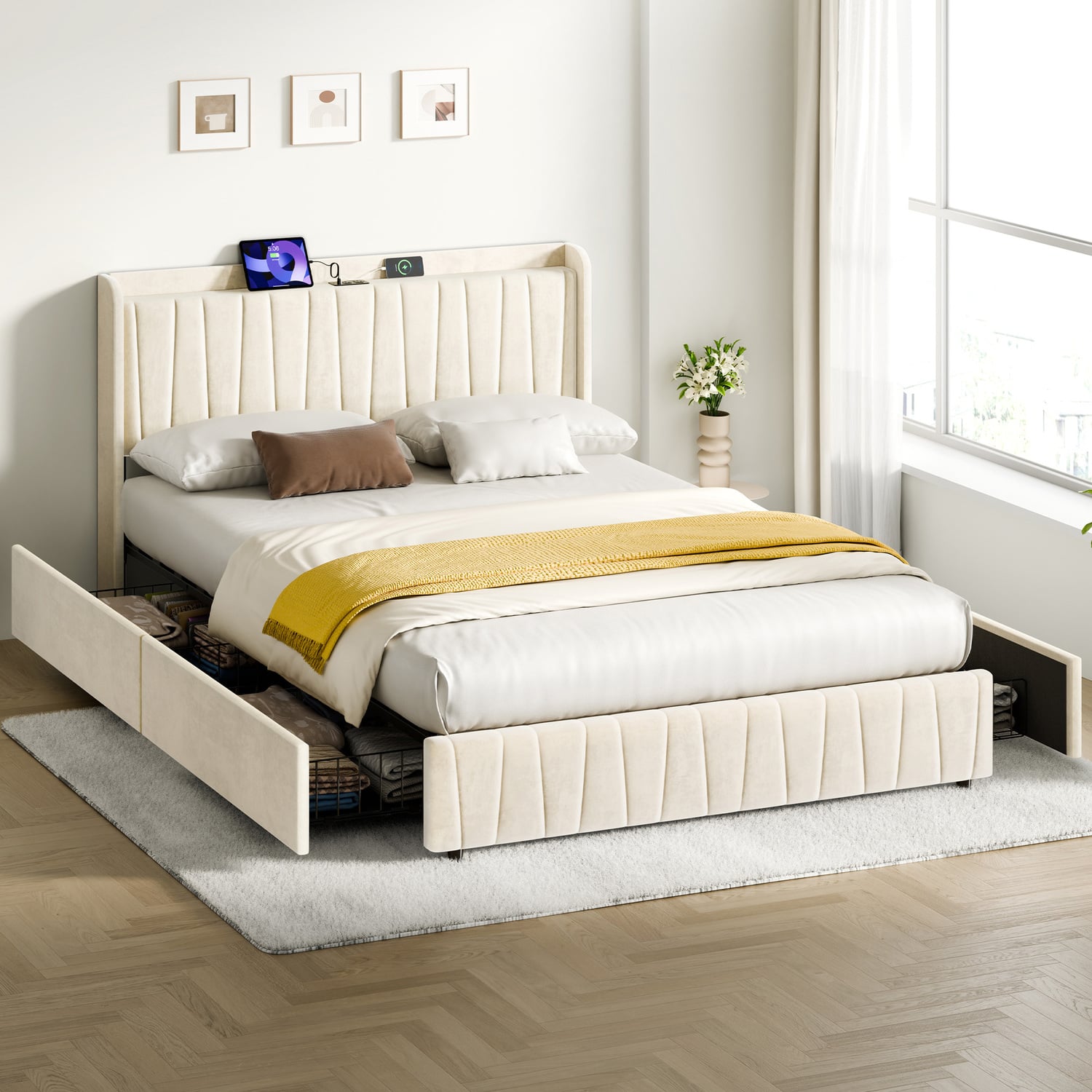 Landon-Velvet-Bed-Frame-with-Charging-Station-and-Drawers