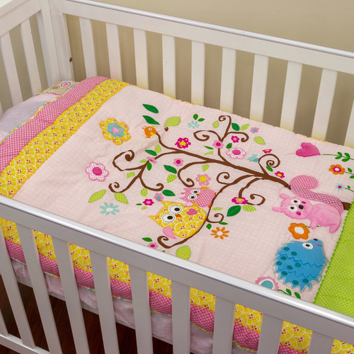 3 Piece Pink Owl Cotton Blend Cot, Yellow Owl Crib Bedding Set