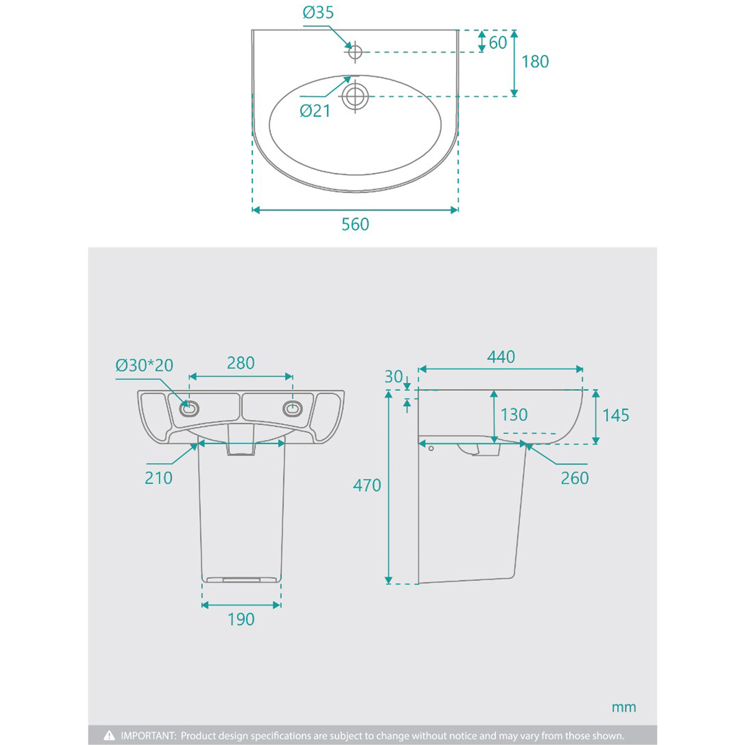 Accessible Ramsey 560mm Gloss White Wall Hung Basin with Integral Shroud