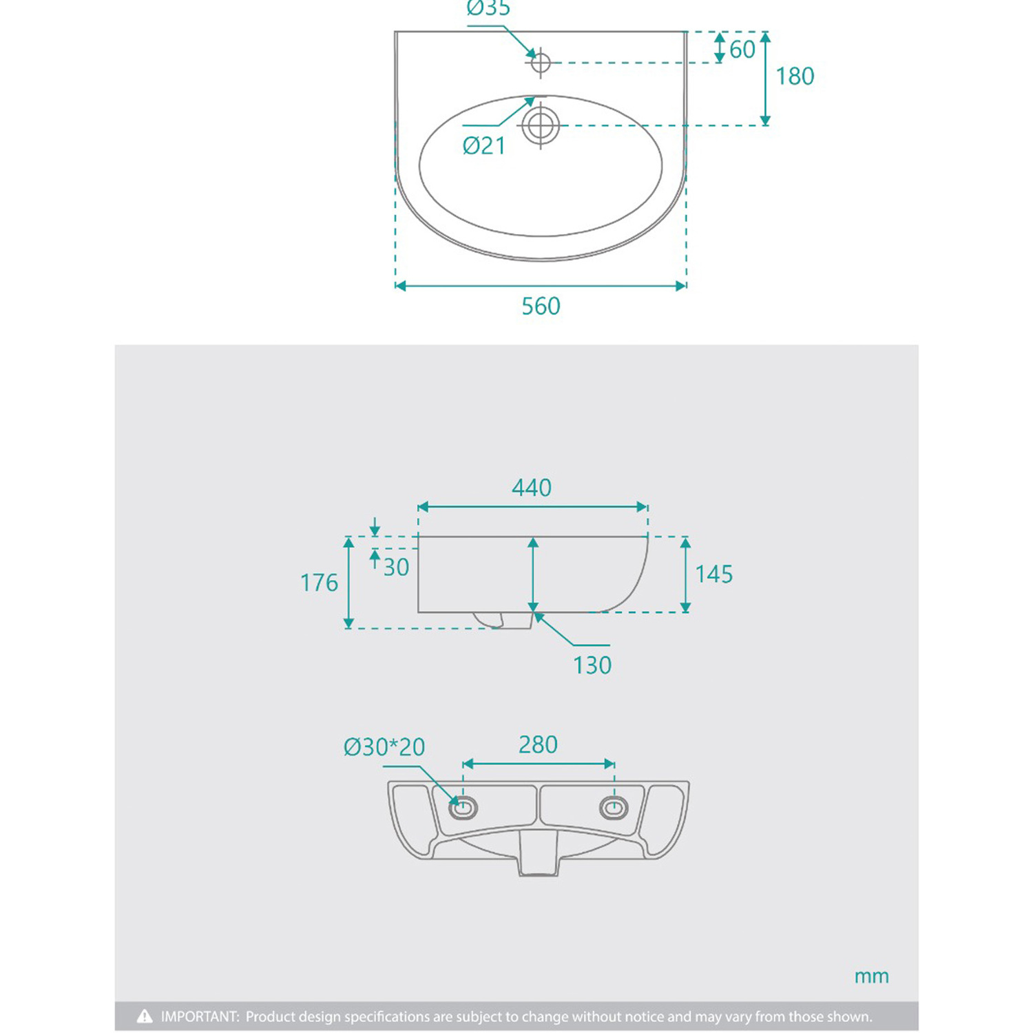 Accessible Ramsey 560mm Gloss White Wall Hung Basin with Integral Shroud