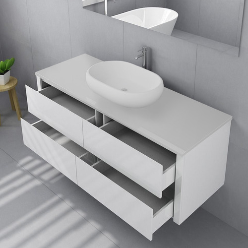 Palazzo 1500mm Matte White Wall Hung Single Vanity with Stone Countertop