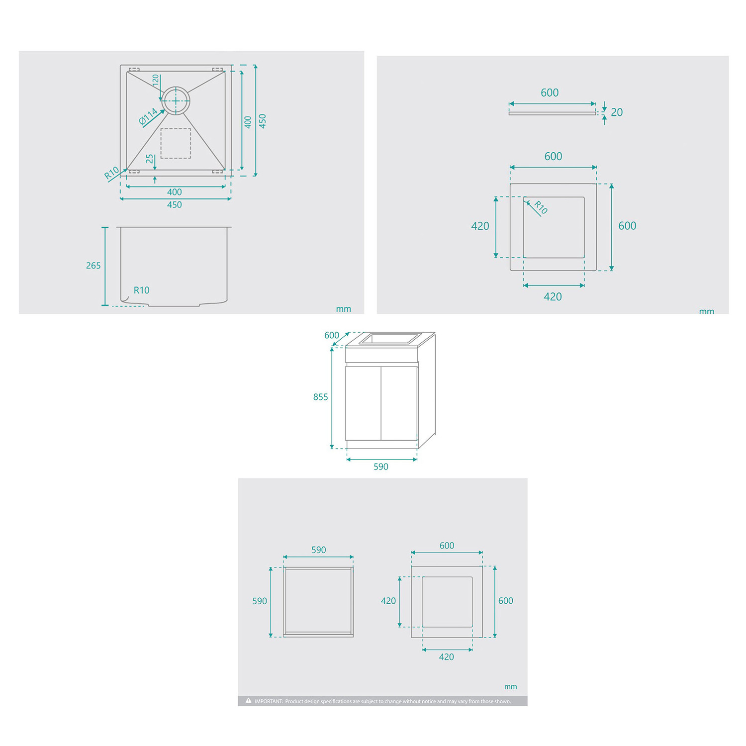 Avail 600mm Gloss White Laundry Tub & Cabinet with Stone Countertop