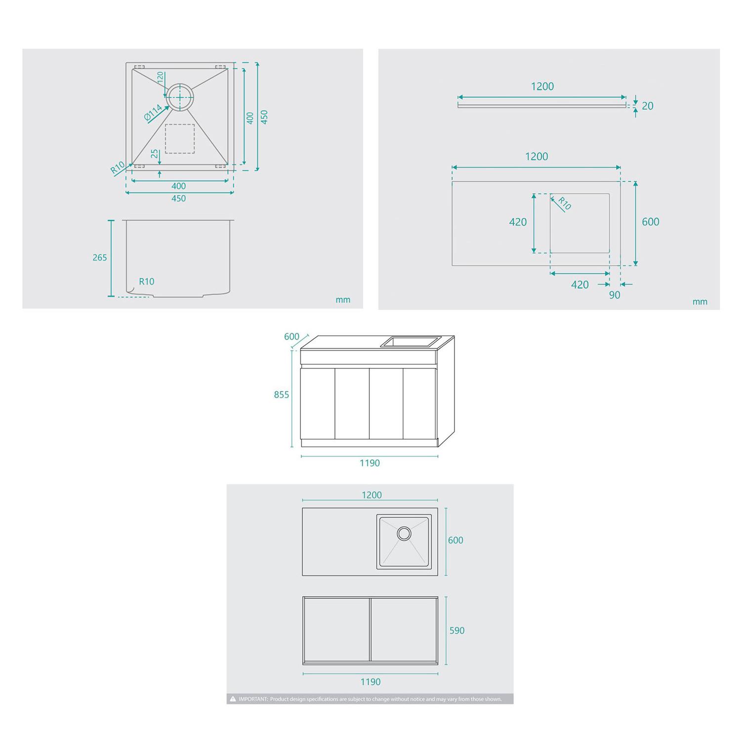 Avail 1200mm Gloss White Laundry Tub & Cabinet with Stone Countertop