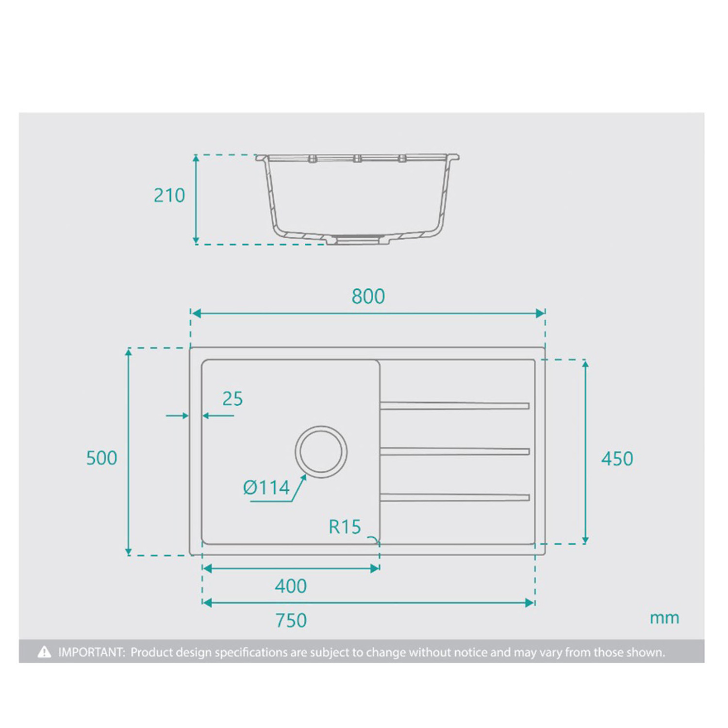 Ontario 800mm Single Granite Kitchen Sink with Drainer