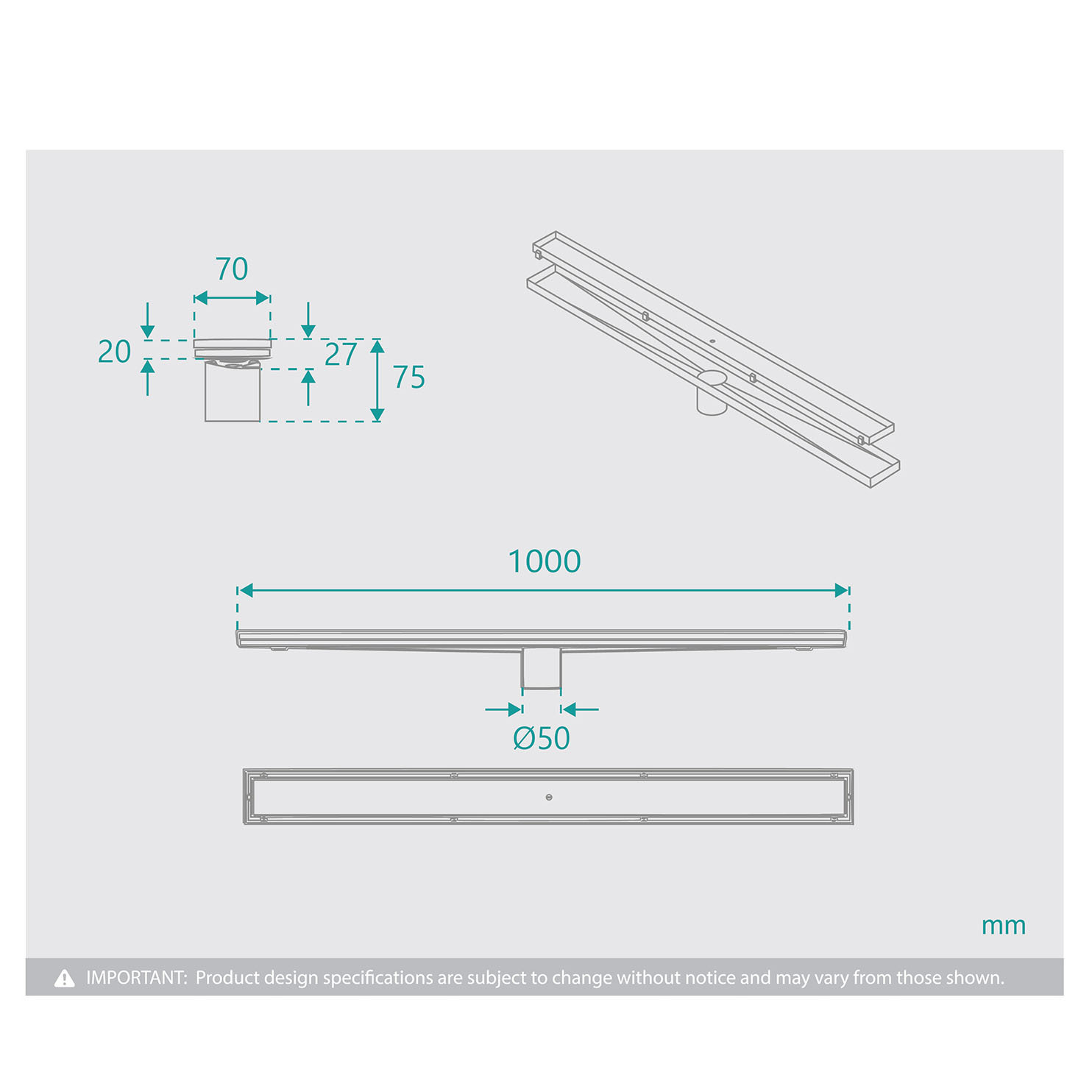 Stainless Steel Tile Insert Linear Shower Grate with 50mm Outlet