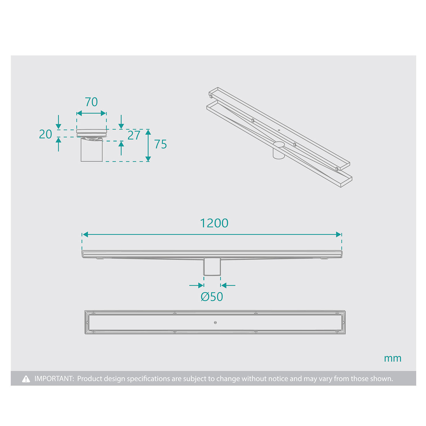 Stainless Steel Tile Insert Linear Shower Grate with 50mm Outlet