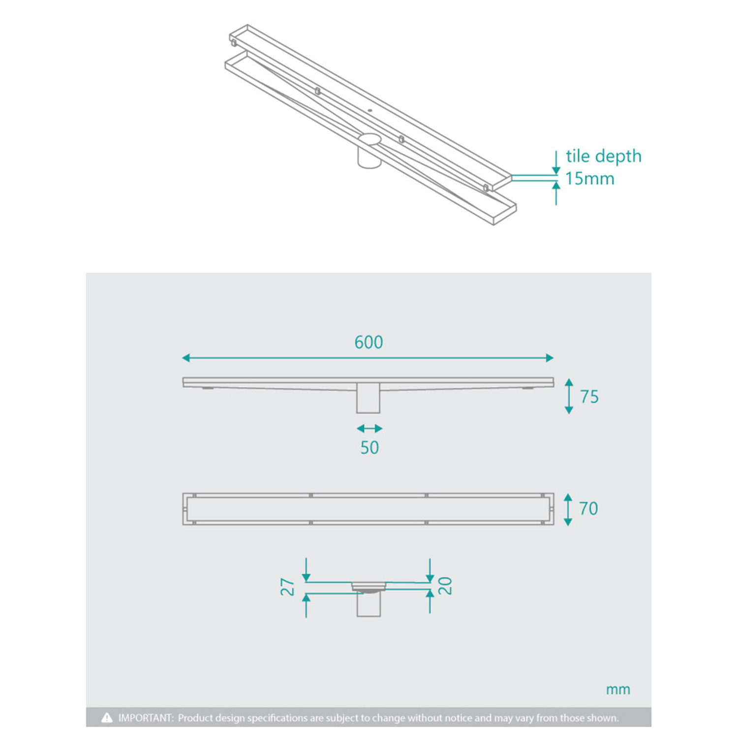 Stainless Steel Tile Insert Linear Shower Grate with 50mm Outlet