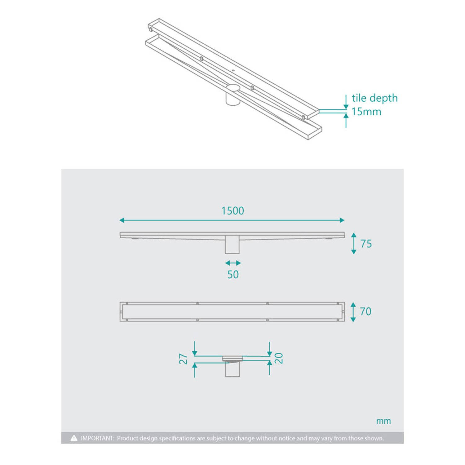 Stainless Steel Tile Insert Linear Shower Grate with 50mm Outlet