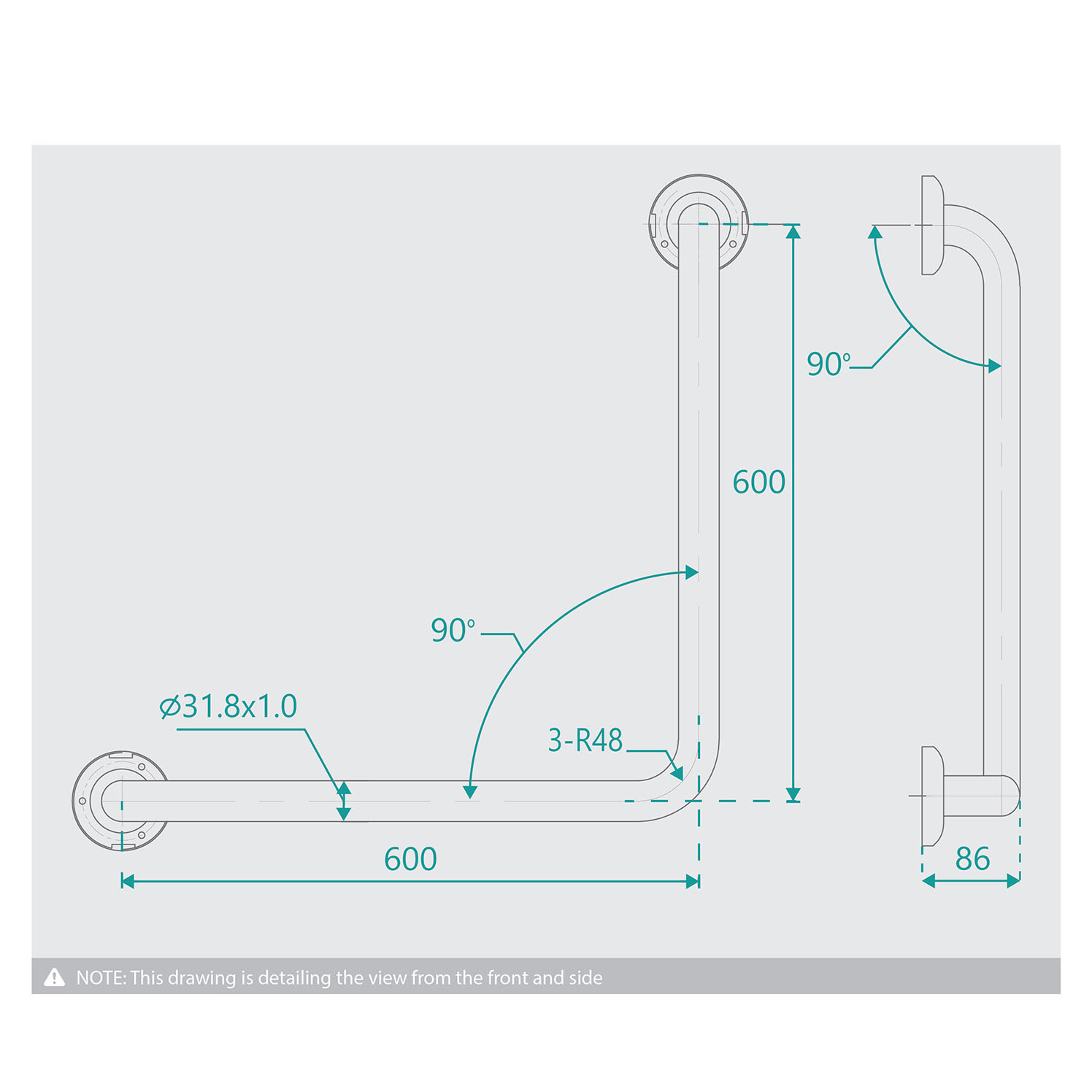 Accessible Ambulant 90 Degree Wall Mounted Grab Rail