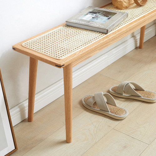 Zaynah Oak Wood & Rattan Ottoman Bench