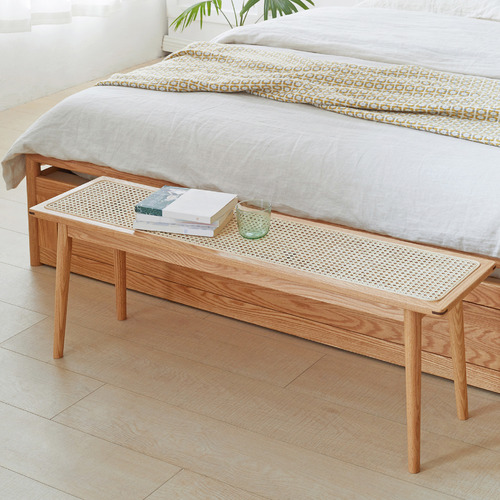 Zaynah Oak Wood & Rattan Ottoman Bench