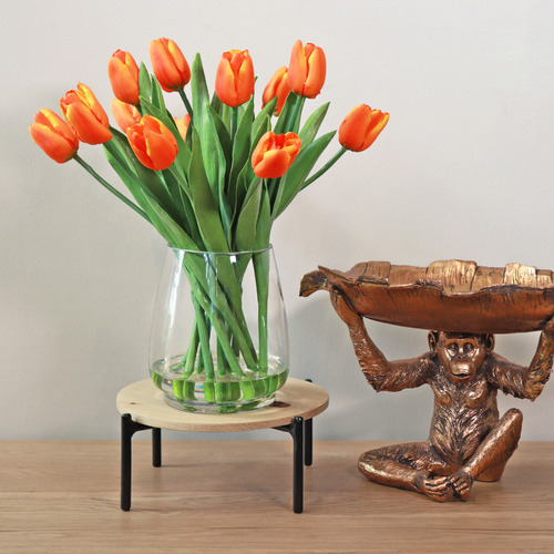 The Silk Collective 40cm Faux Orange Tulip with Glass Vase Temple