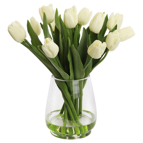 The Silk Collective 40cm Faux White Tulips with Glass Vase | Temple ...