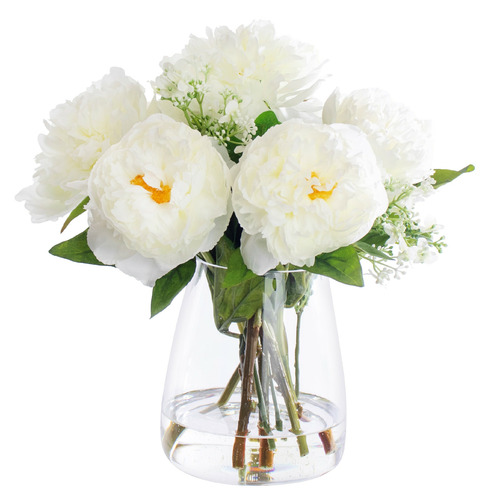 35cm Faux White Peony Bouquet with Glass Vase | Temple & Webster