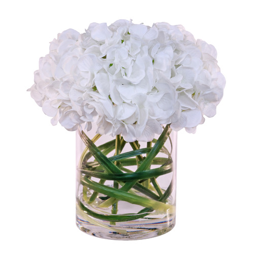 32cm White Faux Hydrangea Arrangement in Glass Vase Temple & ster