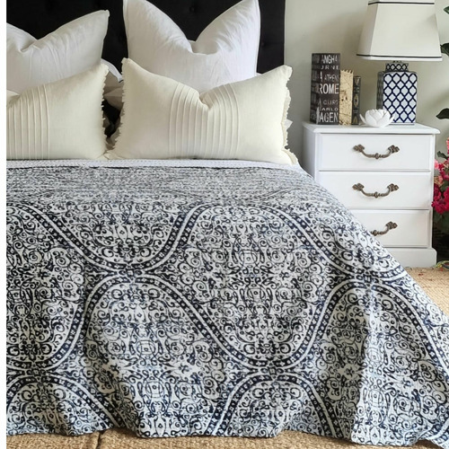 Boho Blue Kantha Cotton Bedspread | Temple & Webster