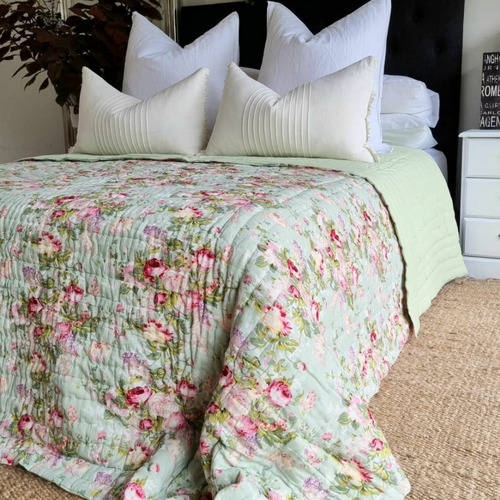 Green English Rose Cotton Reversible Quilt