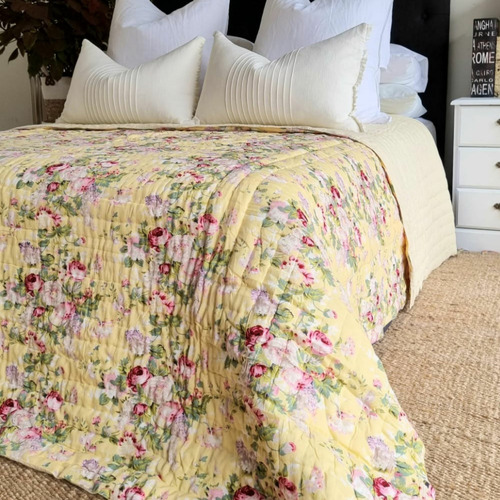 Yellow English Rose Cotton Reversible Quilt