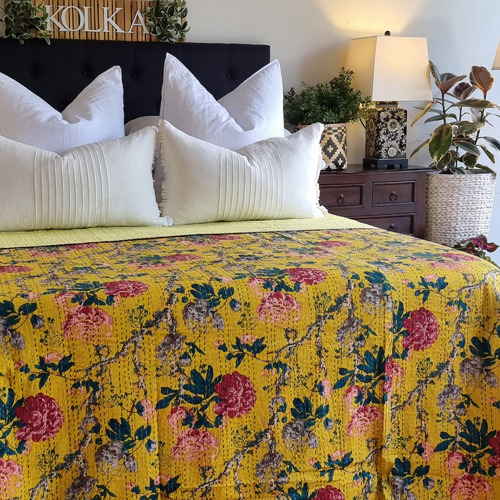 Mustard Peony Kantha Cotton Bedspread