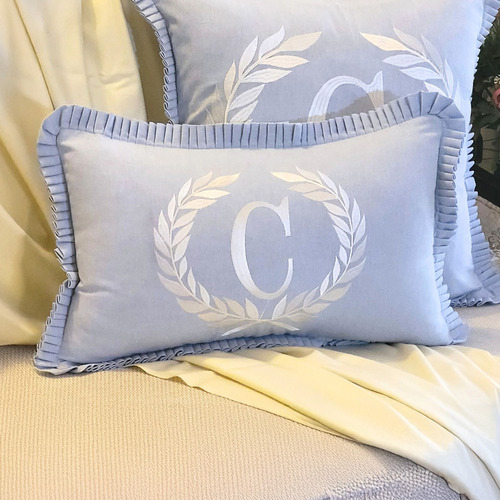 Blue Ishaan French Monogram Lumbar Cushion Cover