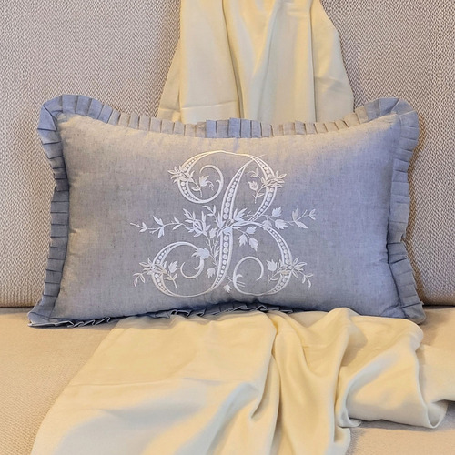 Grey Ishaan French Monogram Lumbar Cushion Cover