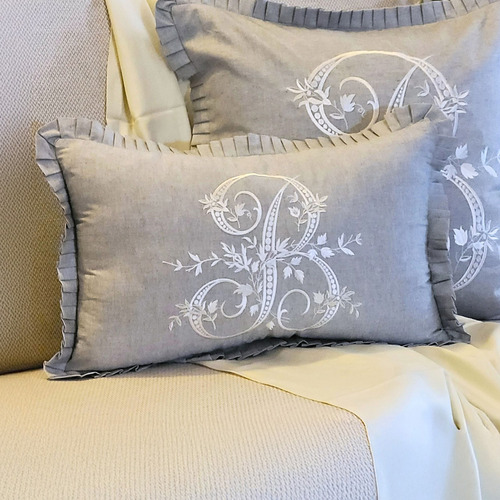 Grey Ishaan French Monogram Lumbar Cushion Cover
