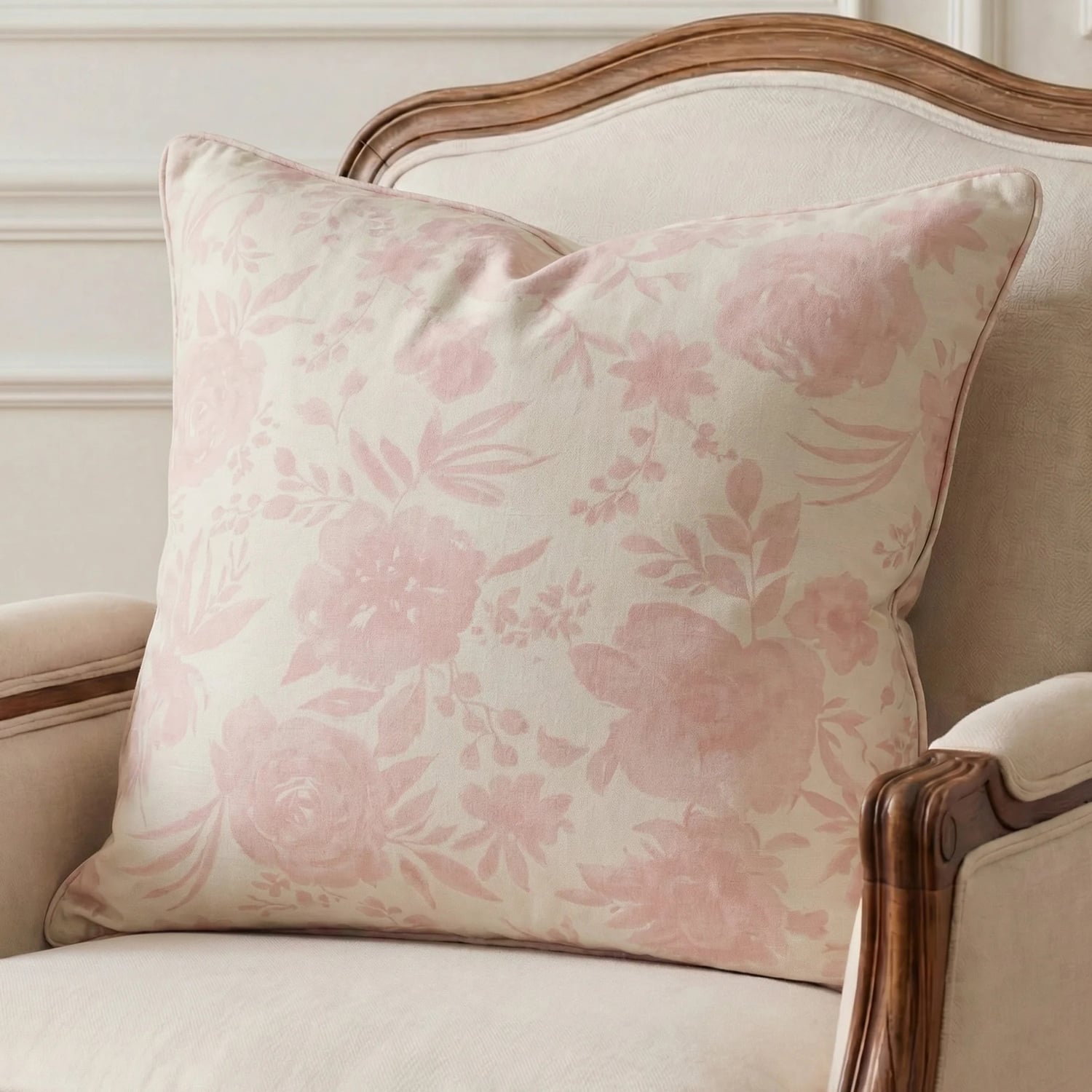 Pink Floral Cotton-Blend Cushion Cover
