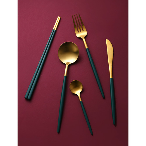 Cadence&Co. 30 Piece Green & Gold Cutlery Set | Temple & Webster