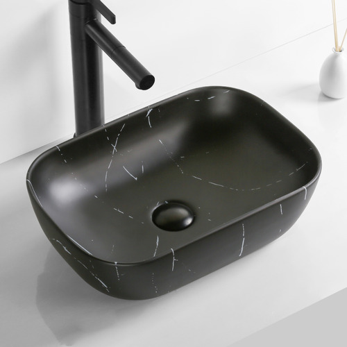 Alvize 460mm Matte Black Carrara Rectangular Ceramic Marble Above Counter Basin