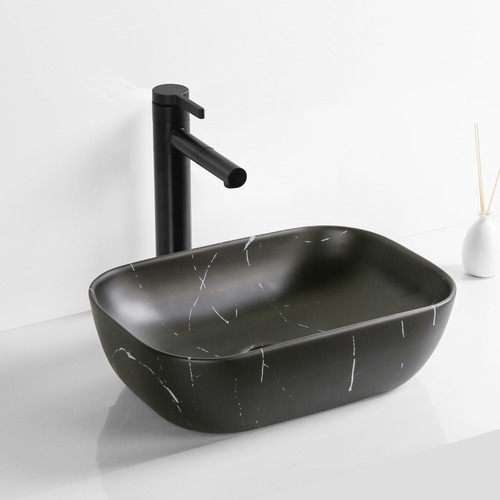 Alvize 460mm Matte Black Carrara Rectangular Ceramic Marble Above Counter Basin